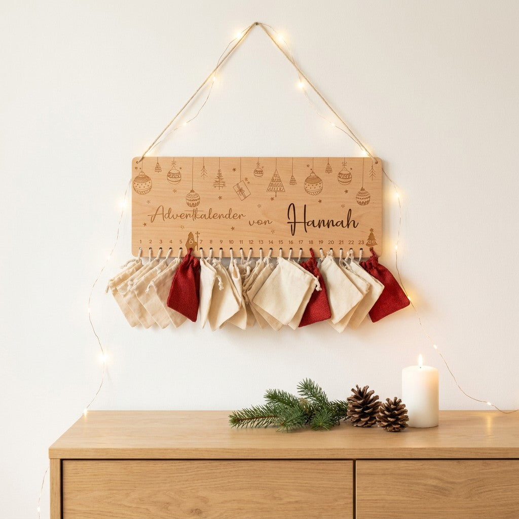 Personalisierter Adventkalender aus Buchenholz mit Namen an heller Wand