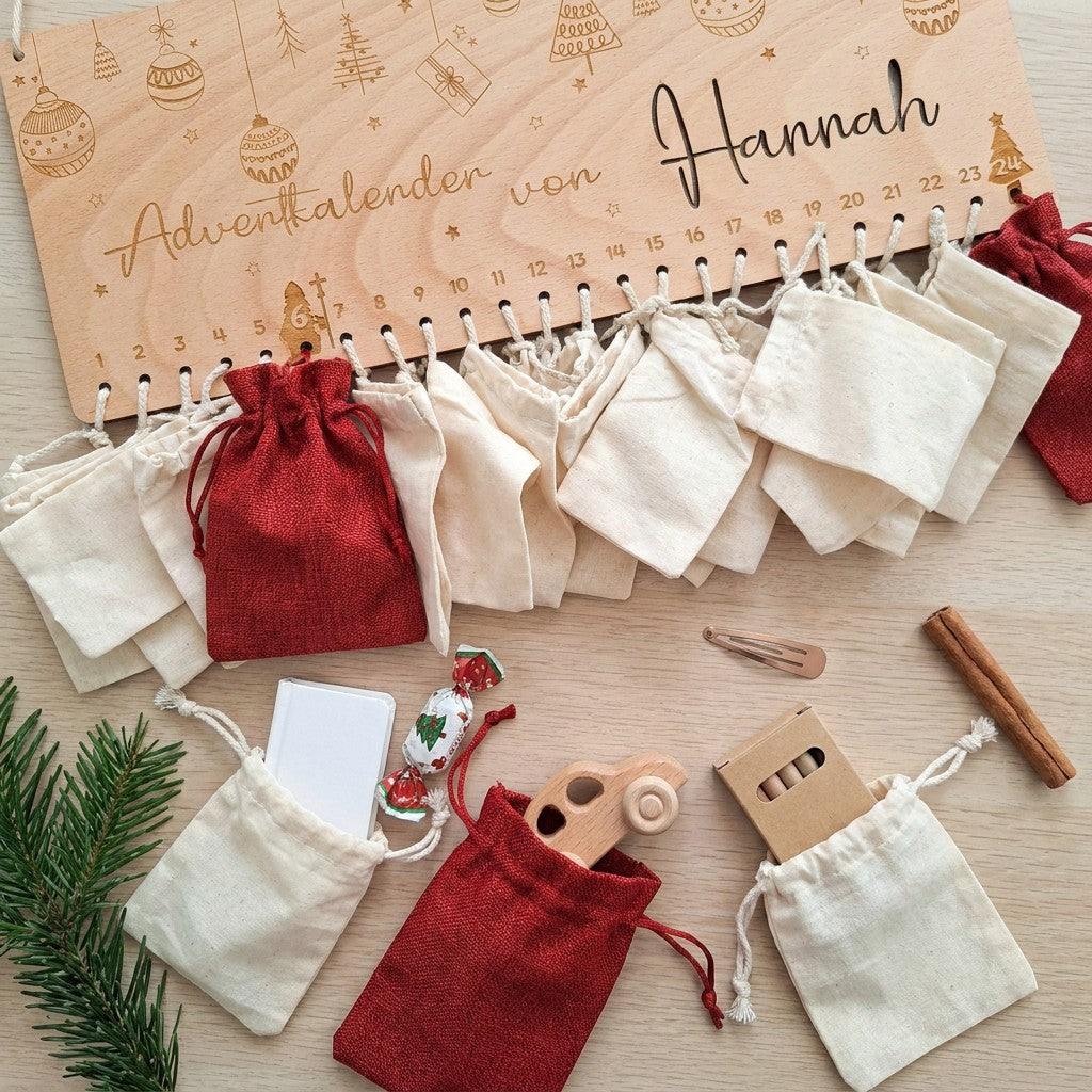 Adventkalender-Säckchen werden mit kleinen Geschenken befüllt