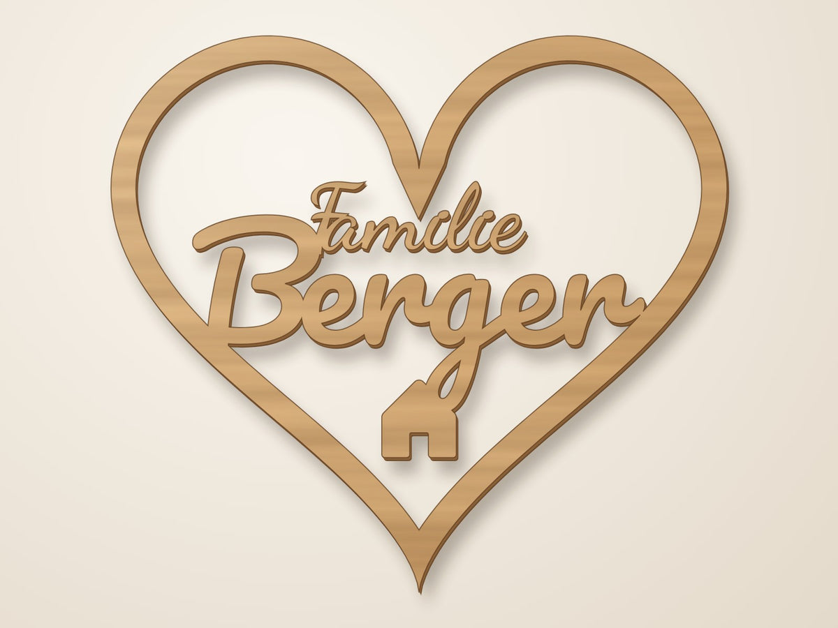 Holzherz mit Familiennamen, gestaltet im HolzKind Designer